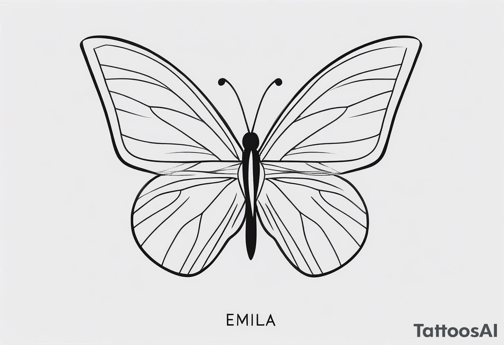 A minimalist butterfly tattoo incorporating the name Emilia in a subtle way tattoo idea