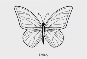 A minimalist butterfly tattoo incorporating the name Emilia in a subtle way tattoo idea