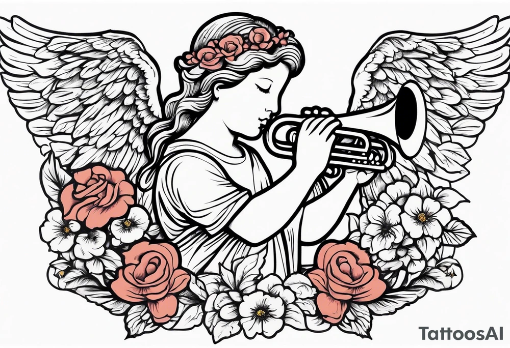 angel with trumpet
old school vintage simple traditional design with vintage flowers surrounding it bold color tattoo idea