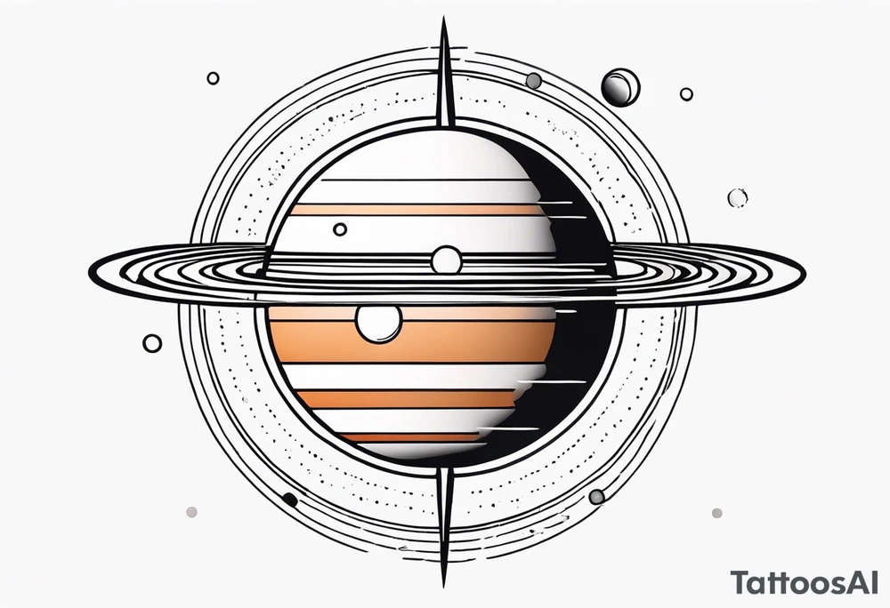 simple jupiter with circular objects and geometric elements, stippled shading, little bit of dotwork, white background tattoo idea