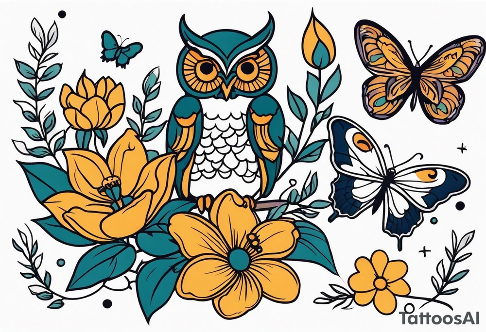 Flowers with butterflies and a owl tattoo idea