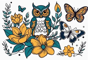 Flowers with butterflies and a owl tattoo idea