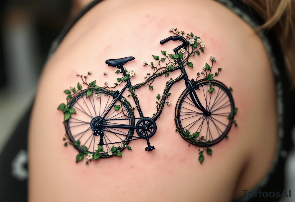 A bicycle with a handlebar made of twisted vines, with green leaves and small white flowers creeping around it, symbolizing growth and connection to nature. tattoo idea