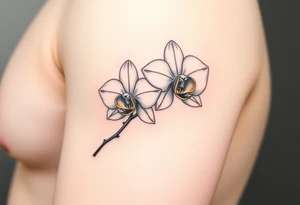 A delicate, black and white fine-line tattoo for make, featuring a gracefully detailed orchid stem with two flowers in full bloom, with soft, intricate petals and elegant curves tattoo idea