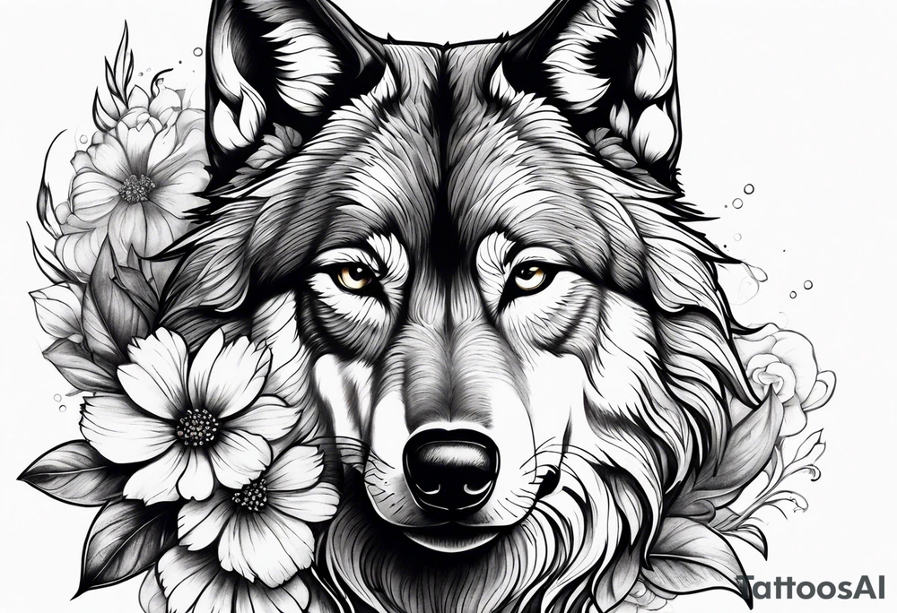 Wolf with flowers tattoo idea