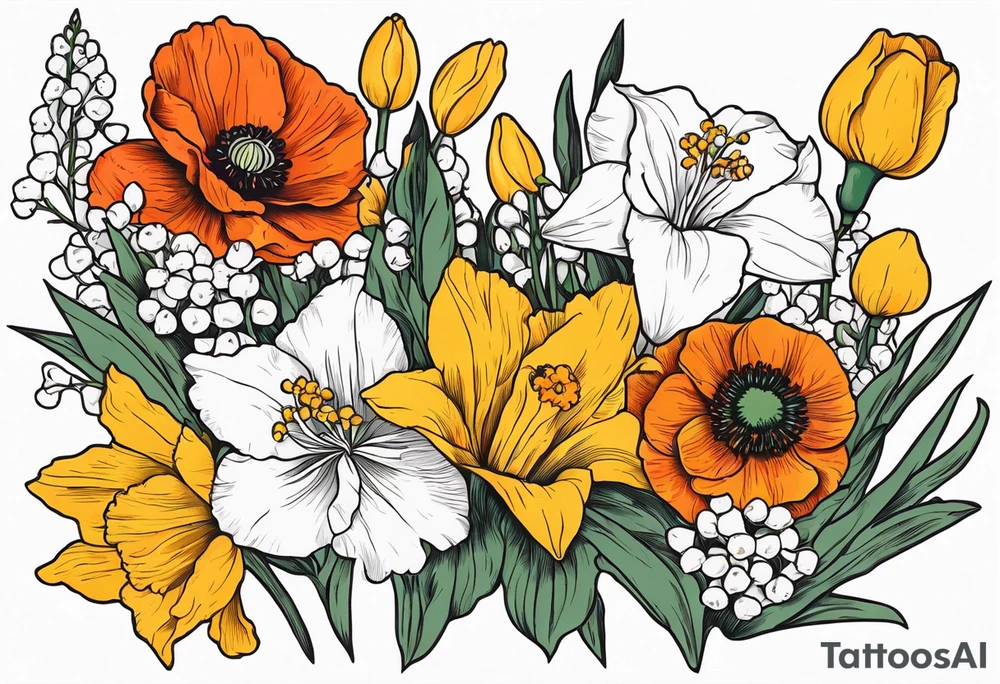 Poppy, larkspur, marigold, Lily of the valley, daffodil, flower bouquet, portrait style tattoo idea