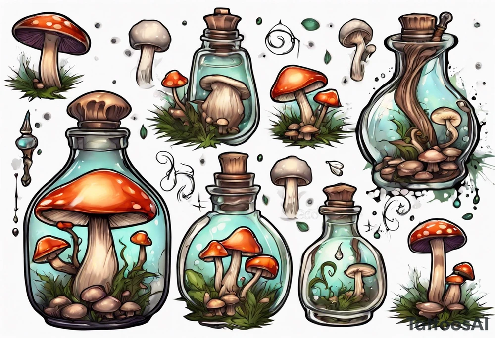 potion bottle with. mushrooms inside tattoo idea
