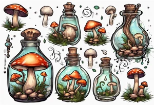 potion bottle with. mushrooms inside tattoo idea