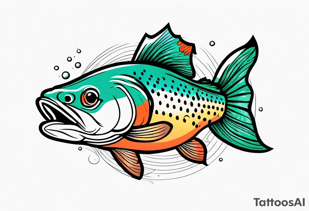 A small tattoo featuring a lovestruck trout as the main theme, drawn without lines, using only color combinations. tattoo idea