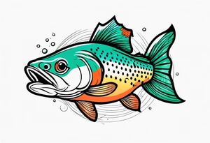 A small tattoo featuring a lovestruck trout as the main theme, drawn without lines, using only color combinations. tattoo idea