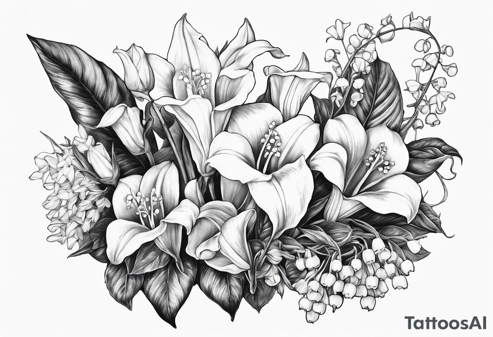 half sleeve on forearm of plants, specifically lily of the valley, bleeding heart, and angel trumpet tattoo idea