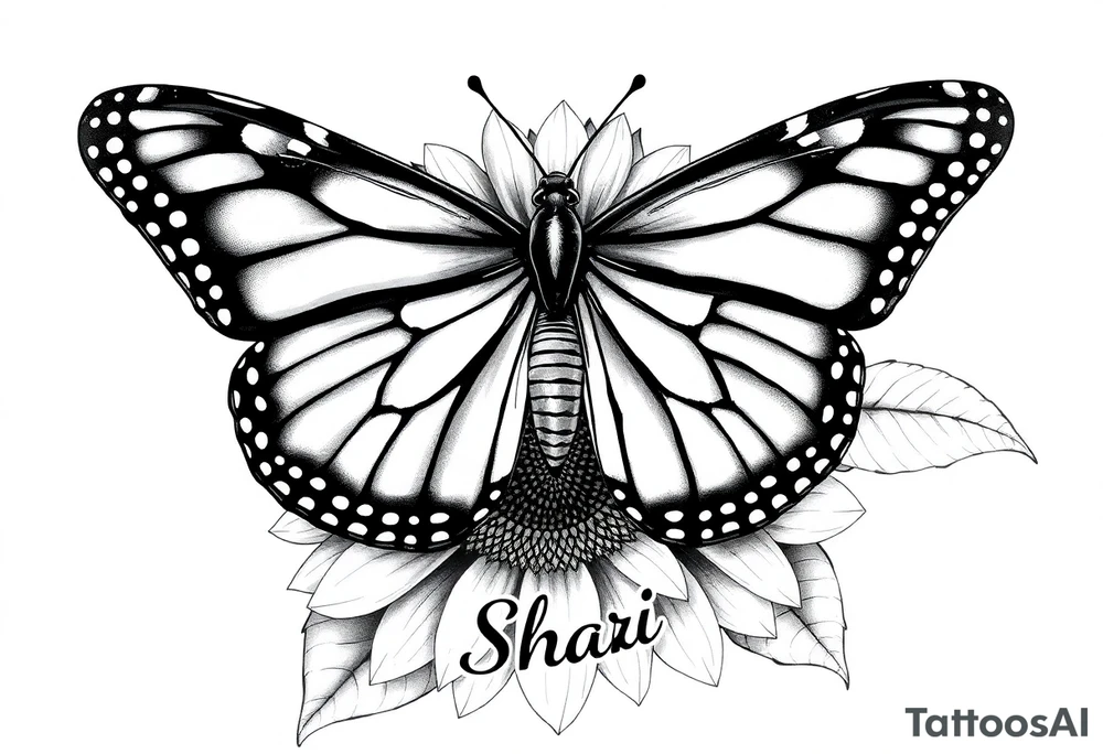 The central focus is a large butterfly with intricate wing patterns, which appears to be a monarch butterfly. It is resting on a sunflower, with its wings spread open.With the name Shari  in it tattoo idea