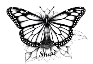 The central focus is a large butterfly with intricate wing patterns, which appears to be a monarch butterfly. It is resting on a sunflower, with its wings spread open.With the name Shari  in it tattoo idea