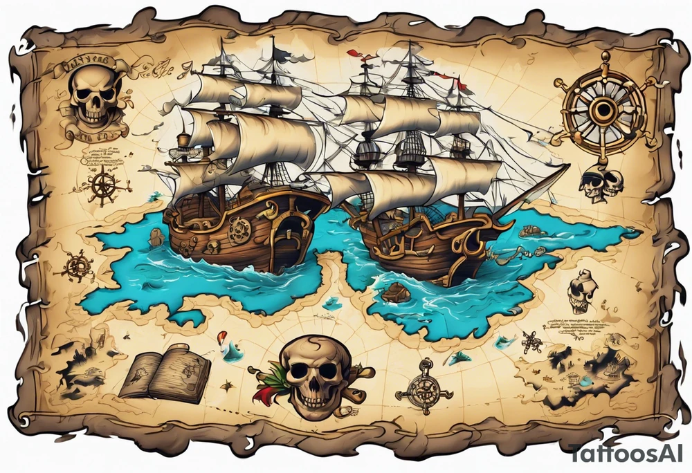 a back tattoo of a pirate treasure map with an island shaped like a big skull with clues to different areas of treasure tattoo idea