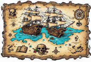 a back tattoo of a pirate treasure map with an island shaped like a big skull with clues to different areas of treasure tattoo idea