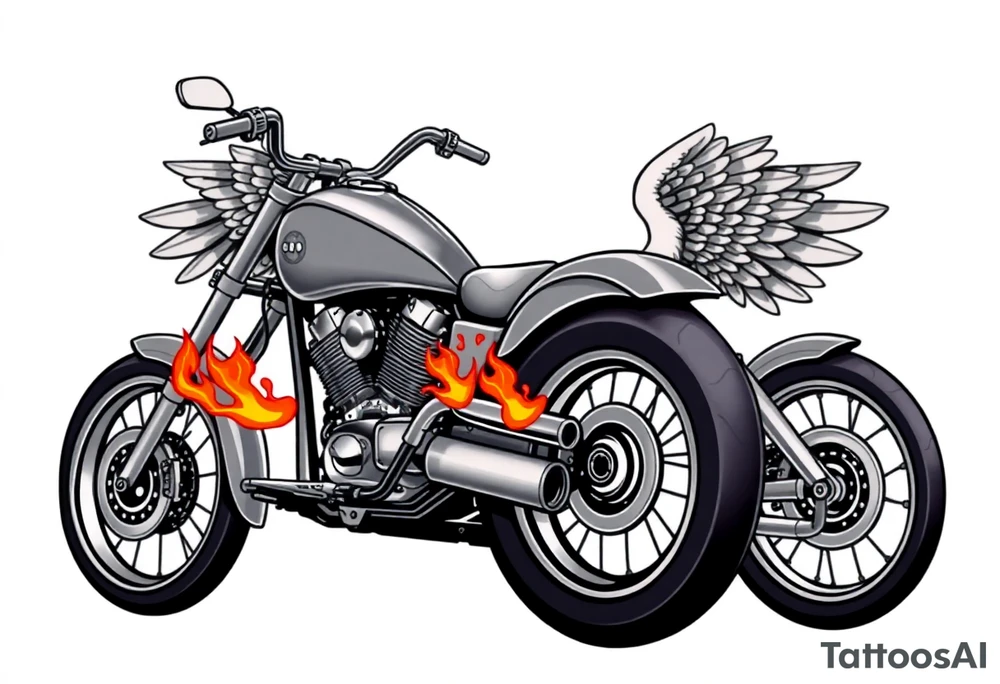 Low rider grey motorcycle, big muffler pipes with flames, angel wings, driving away, no person tattoo idea