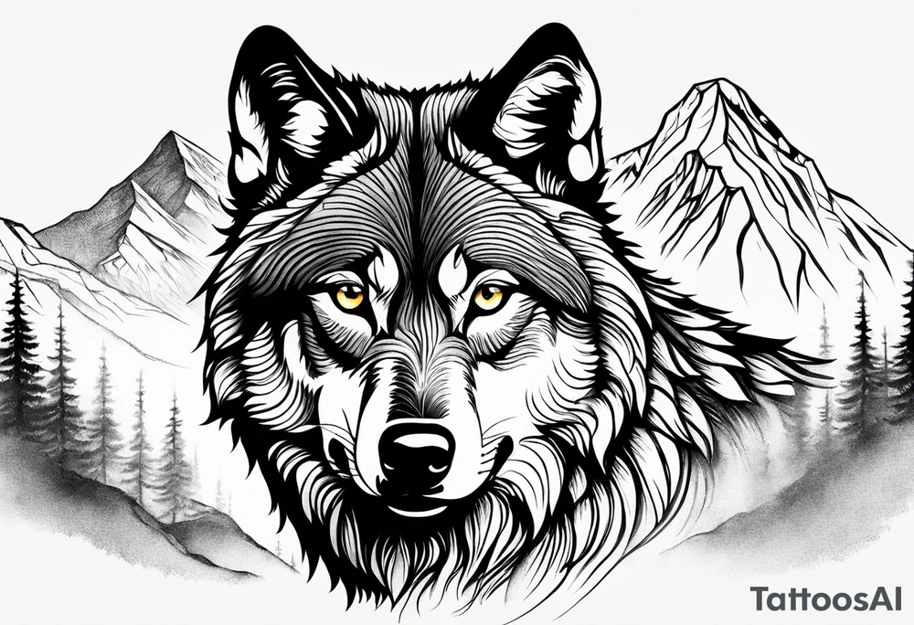 Mountains, wolf eyes underneath tattoo idea
