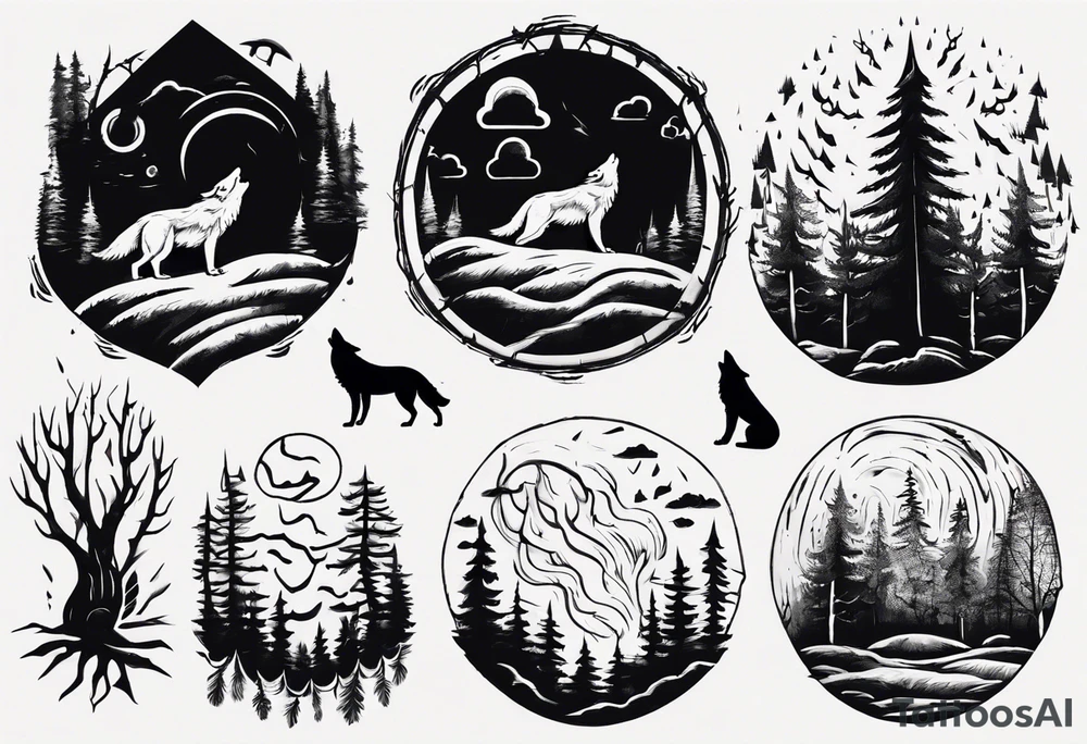 thunderstorm over a forest with a wolf howling on drums tattoo idea thunderstorm over a forest with a wolf howling on drums tattoo idea