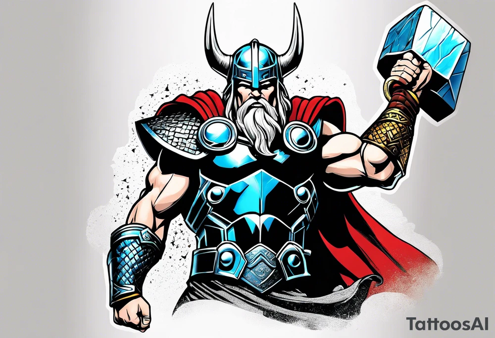 The Mighty Thor not so muscular profile with mjolnir with the entire design shown tattoo idea