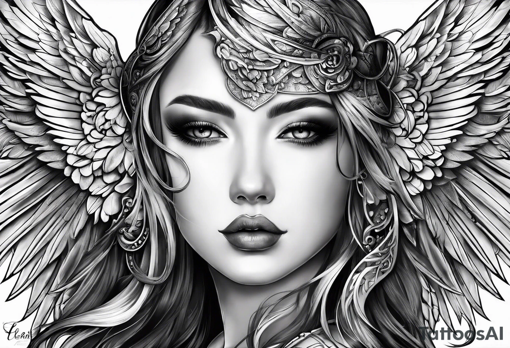 Angel right wing, side way with name Leah written in gothic letters. tattoo idea