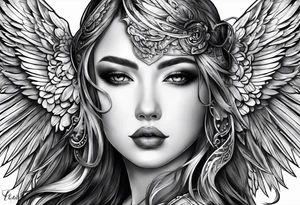 Angel right wing, side way with name Leah written in gothic letters. tattoo idea