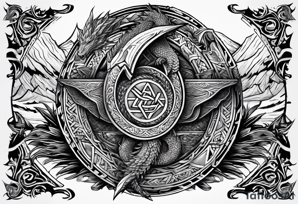 Valhalla sword shield long ship dragon head axe Valknut tattoo idea