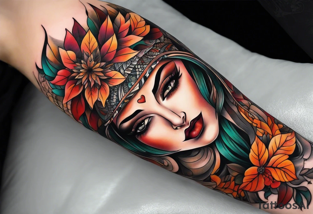 Arm Sleeve Tattoo with fall colors flat tattoo idea