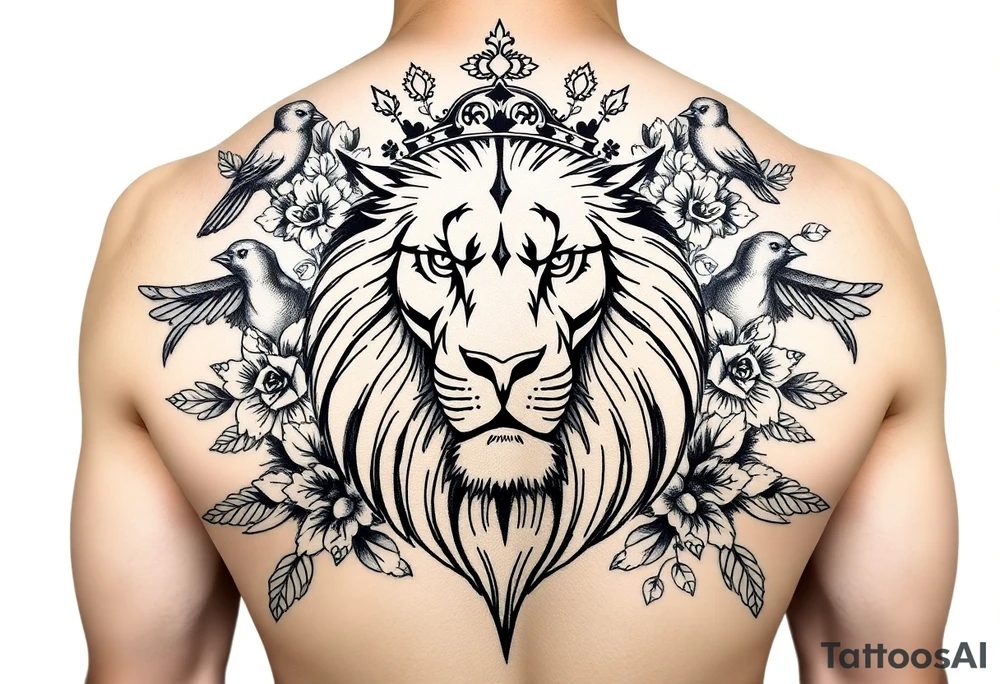 powerful majestic lion with a crown, surrounded by floral ornaments and birds tattoo idea