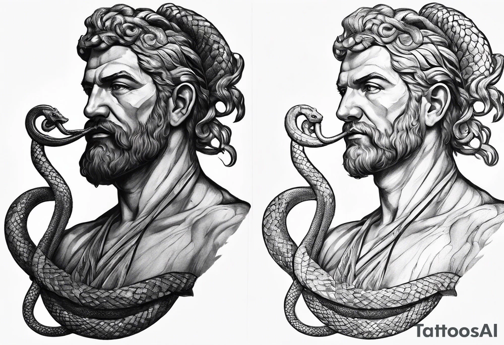 Naked Ascelpius with toga and with a wood stick with a coiled snake on the stick tattoo idea