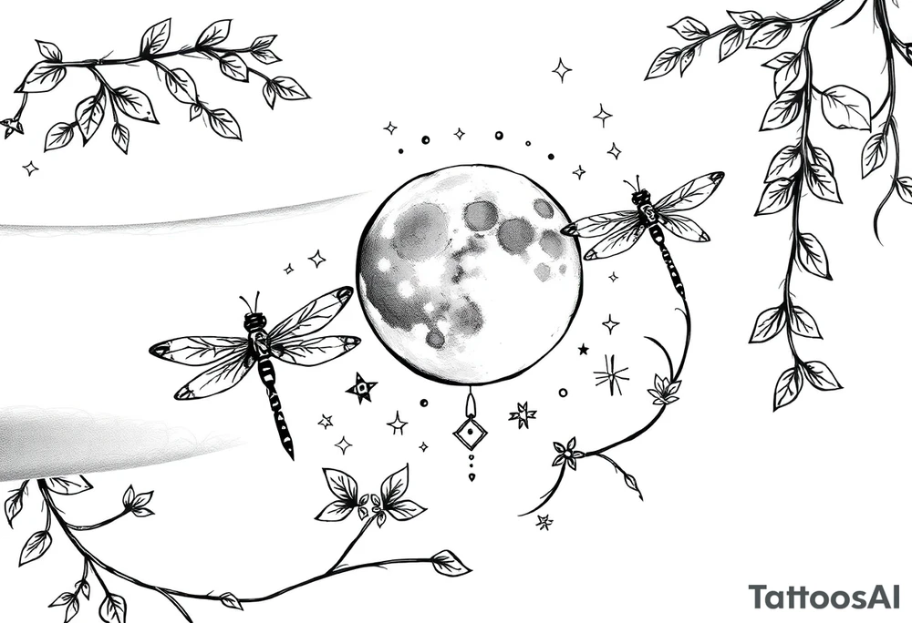 arm, background that contains, vines, dragonflies, stars, celestial moon tattoo idea