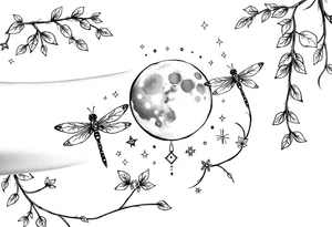 arm, background that contains, vines, dragonflies, stars, celestial moon tattoo idea