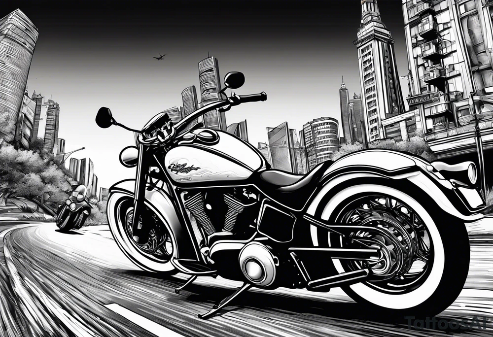 cards fanned over a city with a motorcycle on the road tattoo idea