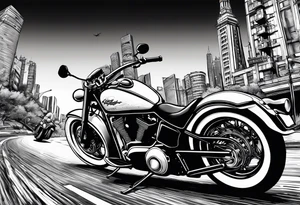 cards fanned over a city with a motorcycle on the road tattoo idea