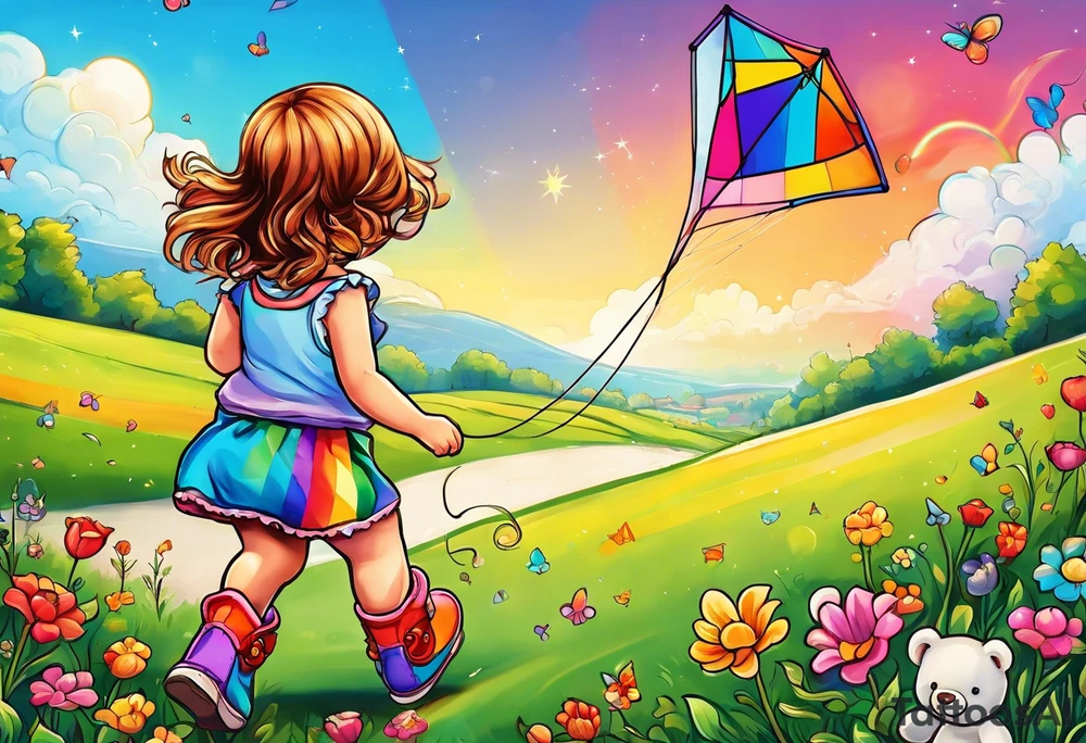 the image of a little girl facing away, flying a kite, with a teddy bear in rainbow boots with wheels tattoo idea