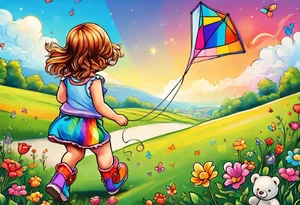 the image of a little girl facing away, flying a kite, with a teddy bear in rainbow boots with wheels tattoo idea