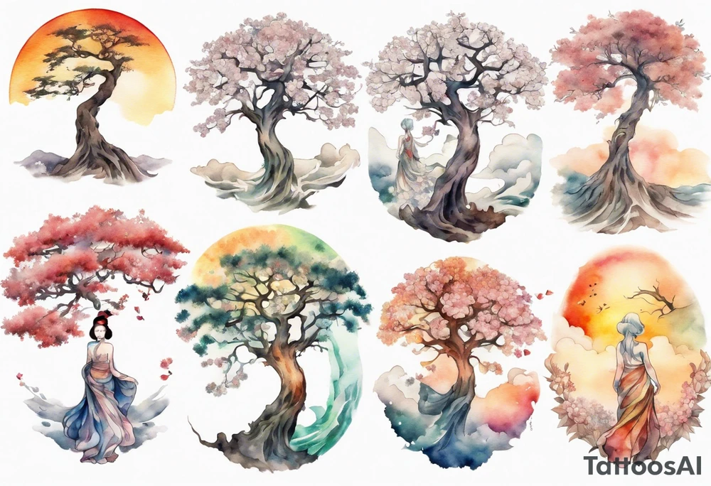 A tree shaped like a beautiful woman reaching towards the sun tattoo idea