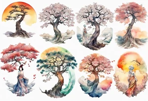 A tree shaped like a beautiful woman reaching towards the sun tattoo idea