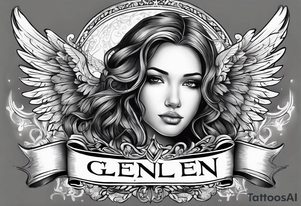 The word Glenn on a banner with angel Wings tattoo idea