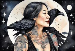 a beautiful 55 year old Dakota woman wearing a black tunic, floating in the night sky, a raven on her shoulder tattoo idea