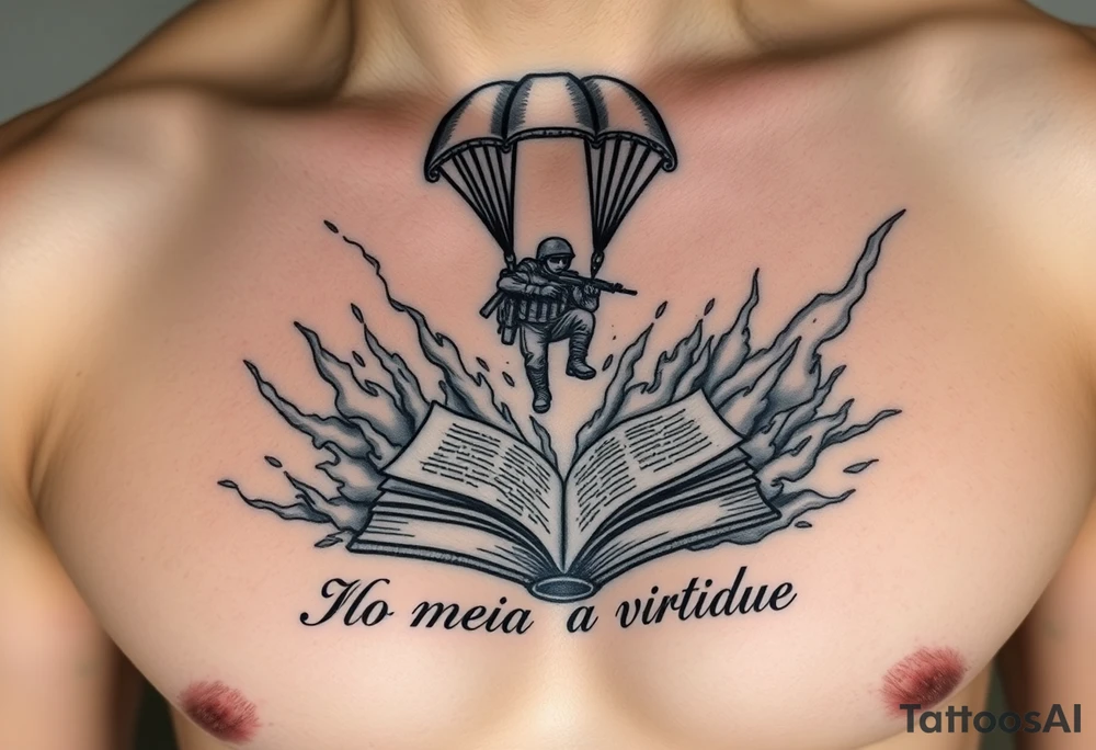 A parachuting soldier landing into an open book. Chaos surrounding, but the book is protecting the soldier from it. On the chest. Make it smaller. Make it thought provoking. "No meio esta a virtude" underneath the book. Make the chaos in the environment be fire tattoo idea