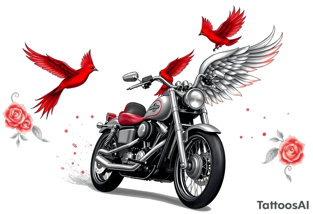 Harley grey motorcycle driving away, two red birds flying, roses, flames, angel wings tattoo idea
