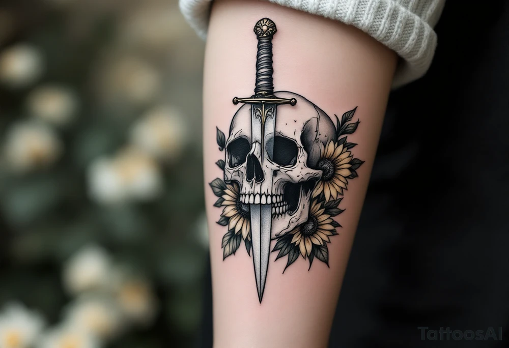 Skull, dagger piercing a heart with roses and sunflowers tattoo idea Skull, dagger piercing a heart with roses and sunflowers tattoo idea