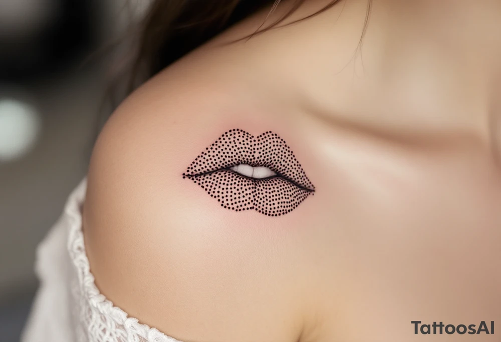 Dot-Work Kiss – A stippling-effect kiss mark, using only small dots to create shading and depth. tattoo idea