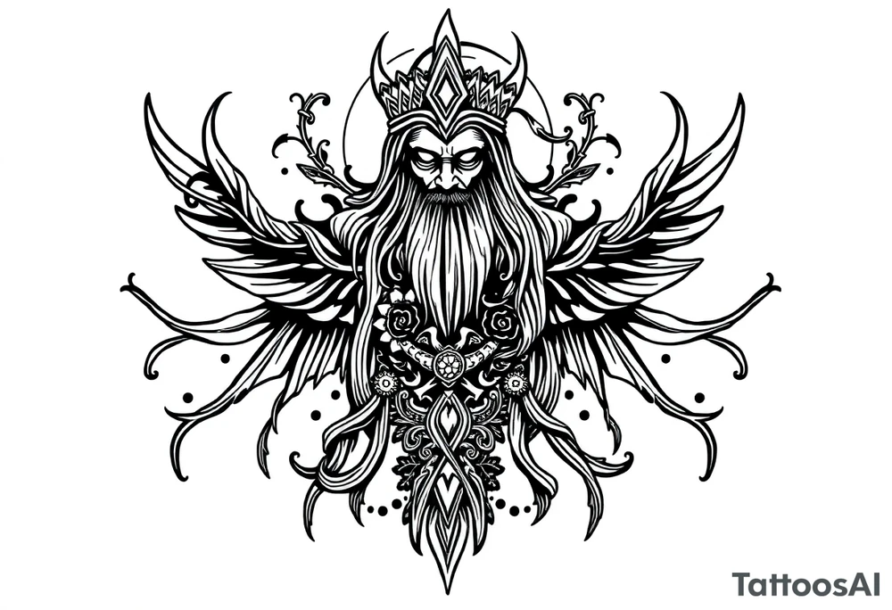 long shaman and witch  style mytical bold line with ancient rhyme tattoo idea