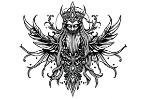 long shaman and witch  style mytical bold line with ancient rhyme tattoo idea