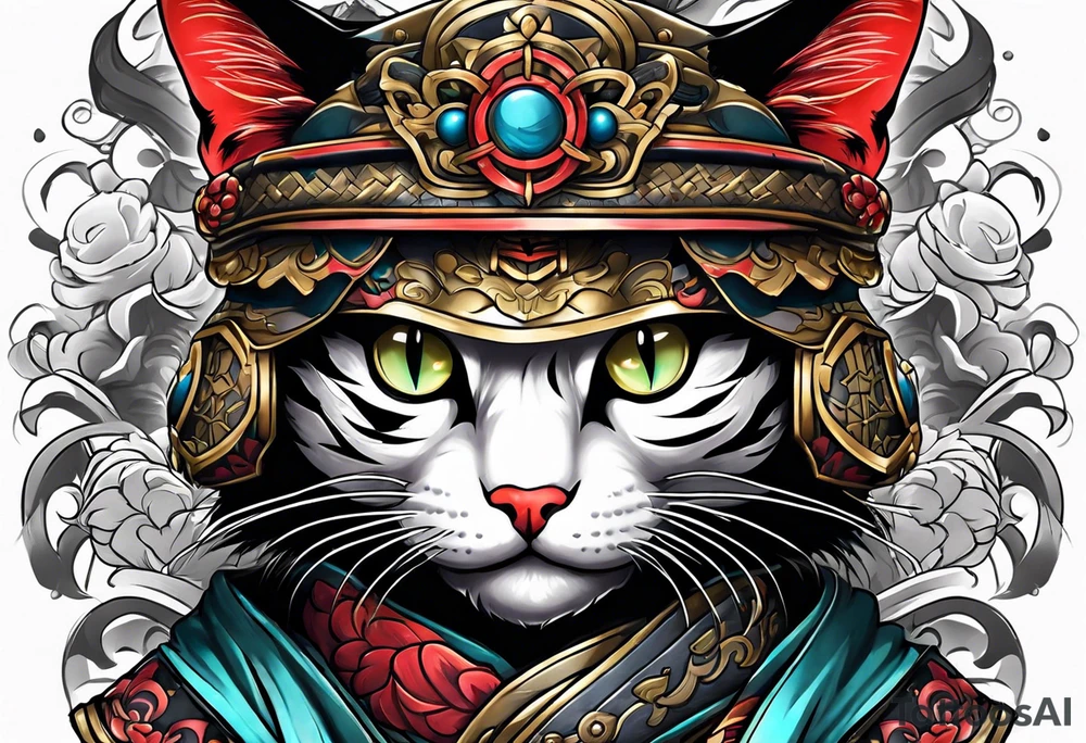 Cat with samurai armor full sleeve tattoo idea