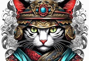 Cat with samurai armor full sleeve tattoo idea