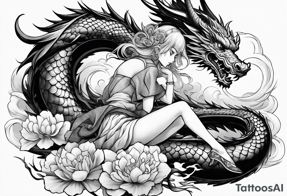 american traditional style of tattoo, an anime girl sitting on a asian dragon surrounded by cloud tattoo idea