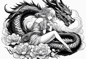american traditional style of tattoo, an anime girl sitting on a asian dragon surrounded by cloud tattoo idea