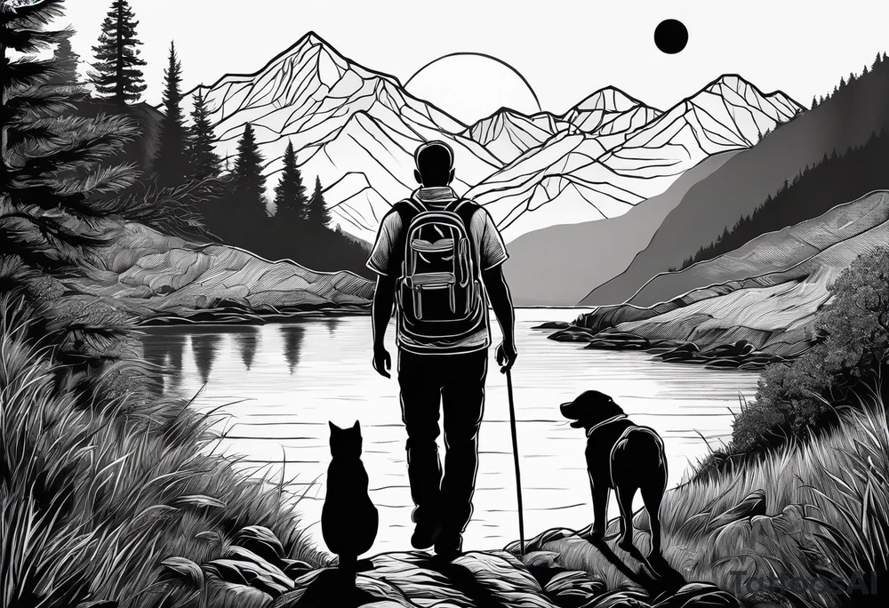 nature, sunset, mountains, a father and son hiking with their dog and cat and a cross tattoo idea